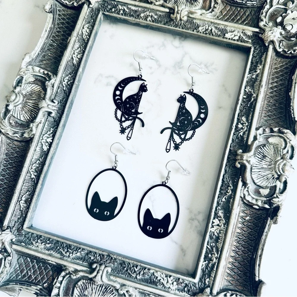 2/$30🌵 Black Cat Peekaboo Crescent Moon Earrings Cutout Spooky Halloween Goth - Picture 1 of 6